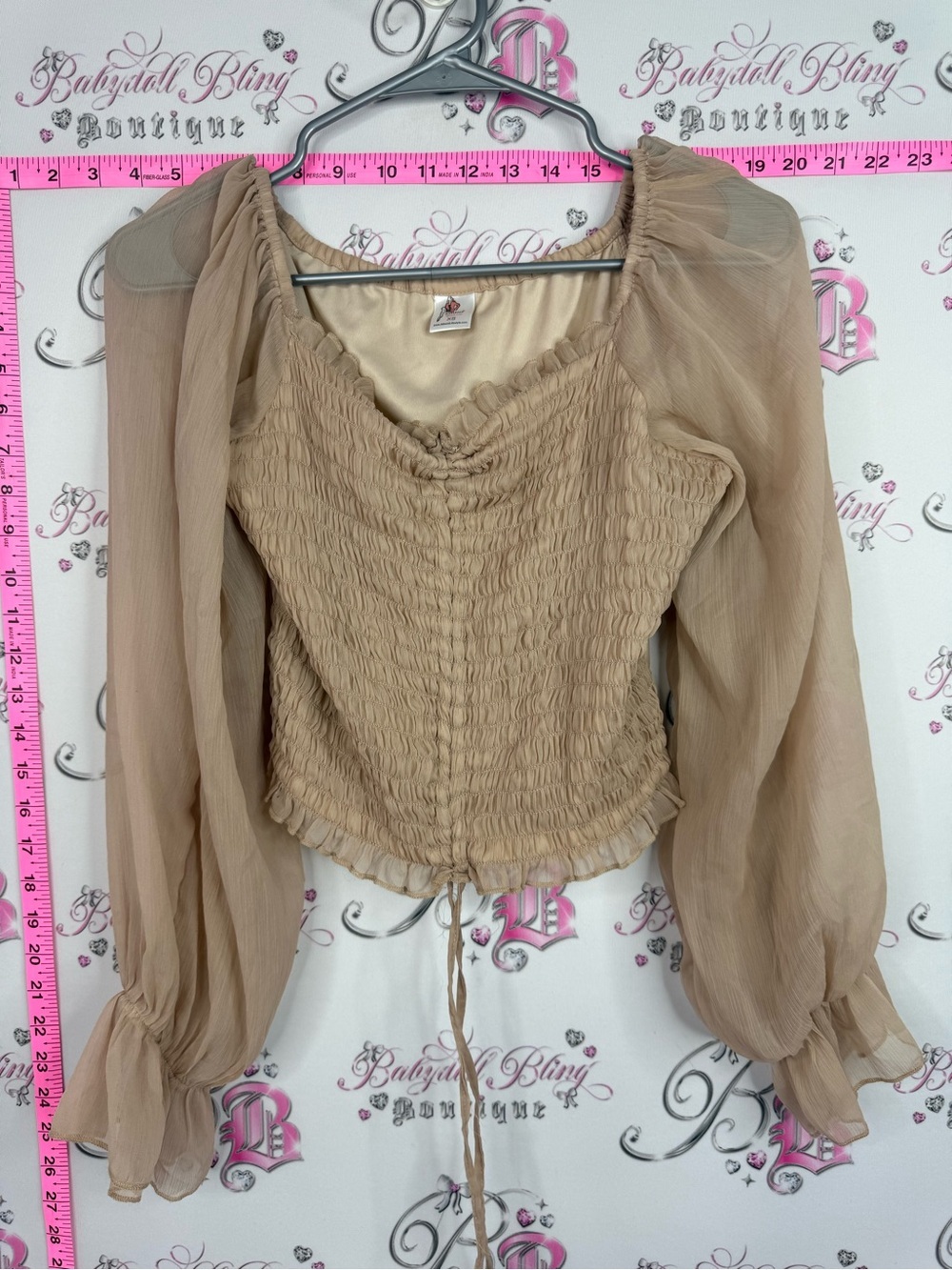 Athena milkmaid smock shirt Beige Smocked Sheer Sleeve Blouse